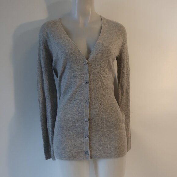 Women Scoop NYC Gray Melange 100% Cashmere Knit V-Neck Cardigan Sweater L - Picture 1 of 11